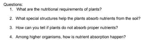 Questions:
1. What are the nutritional requirements of plants?
2. What special structures help the plants absorb nutrients from the soil?
3. How can you tell if plants do not absorb proper nutrients?
4. Among higher organisms, how is nutrient absorption happen?
