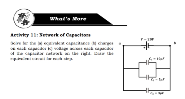 What's More
Activity 11: Network of Capacitors
V = 20V
Solve for the (a) equivalent capacitance (b) charges
on each capacitor (c) voltage across each capacitor
of the capacitor network on the right. Draw the
equivalent circuit for each step.
C, = 10µF
C2 = SuF
C- 3uF
