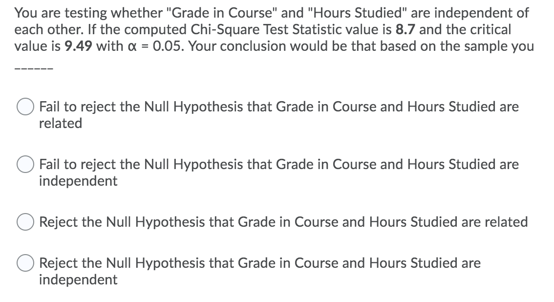 You are testing whether "Grade in Course" and "Hours Studied" are independent of
each other. If the computed Chi-Square Test Statistic value is 8.7 and the critical
value is 9.49 with a =
0.05. Your conclusion would be that based on the sample you
Fail to reject the Null Hypothesis that Grade in Course and Hours Studied are
related
Fail to reject the Null Hypothesis that Grade in Course and Hours Studied are
independent
Reject the Null Hypothesis that Grade in Course and Hours Studied are related
Reject the Null Hypothesis that Grade in Course and Hours Studied are
independent
