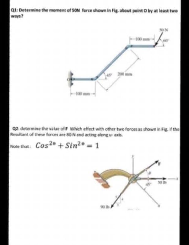 Q1: Determine the moment of 5ON force shown in Fig, about point O by at least two
ways?
200 m
Q2: determine the value of F Which effect with other two forces as shown in Fig. if the
Resultant of these forces are 80 N and acting along u- axis.
Note that: Cos20 + Sin2 = 1
