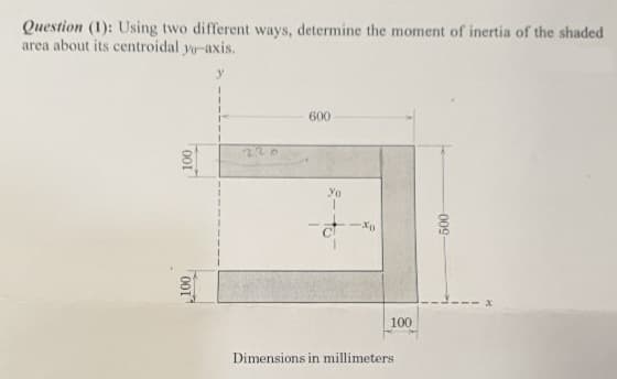 Question (1): Using two different ways, determine the moment of inertia of the shaded
area about its centroidal yo-axis.
600
220
Yo
100
Dimensions in millimeters
009
00T
