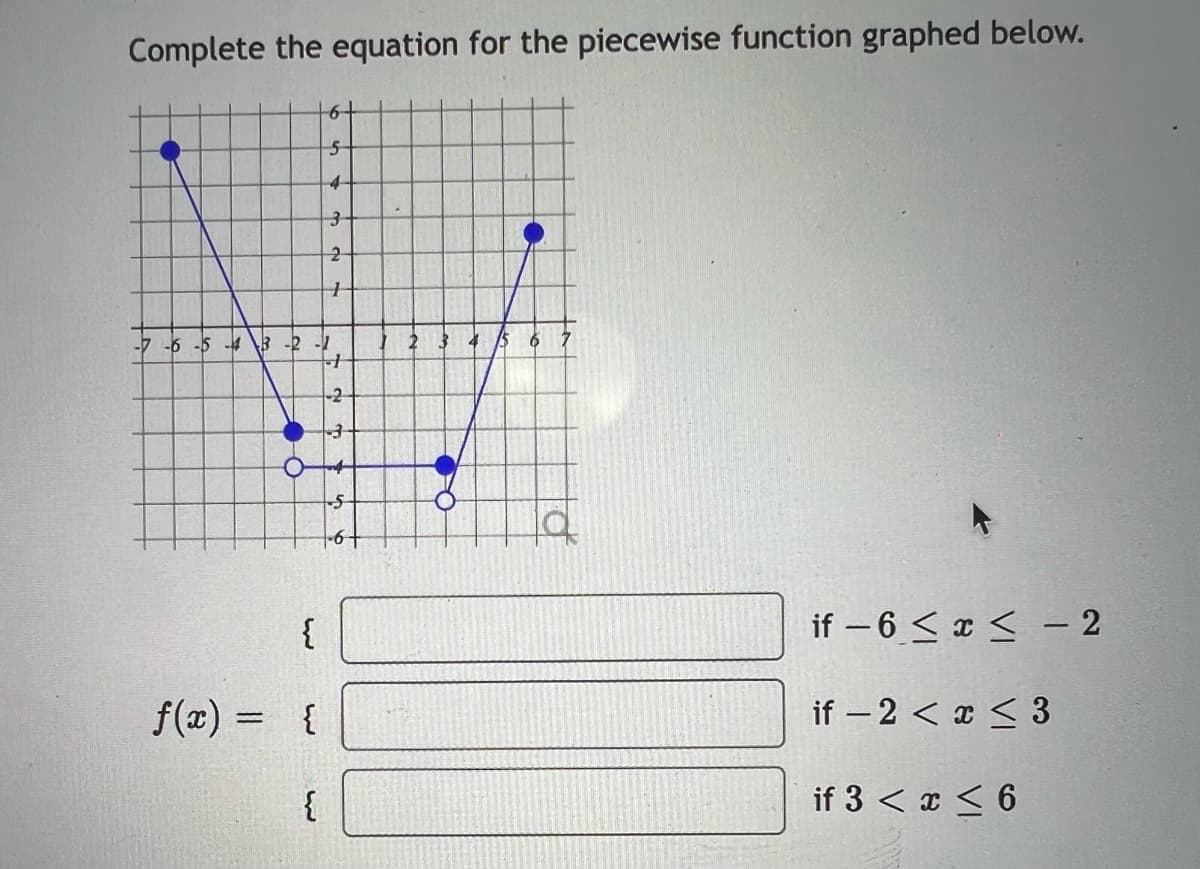 Complete the equation for the piecewise function graphed below.
+6+
5
4
3
2
-7 -6 -5 -43 -2 -1
{
f(x) = {
{
-3-
+6+
•
2 3 4 5 6
▸
if -6 ≤ x ≤ - 2
if -2 < x < 3
if 3 < x < 6