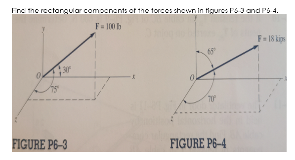 Find the rectangular components of the forces shown in figures P6-3 and P6-4.
F= 100 lb
F= 18 kips
65
30°
75°
70°
FIGURE P6-3
FIGURE P6-4
