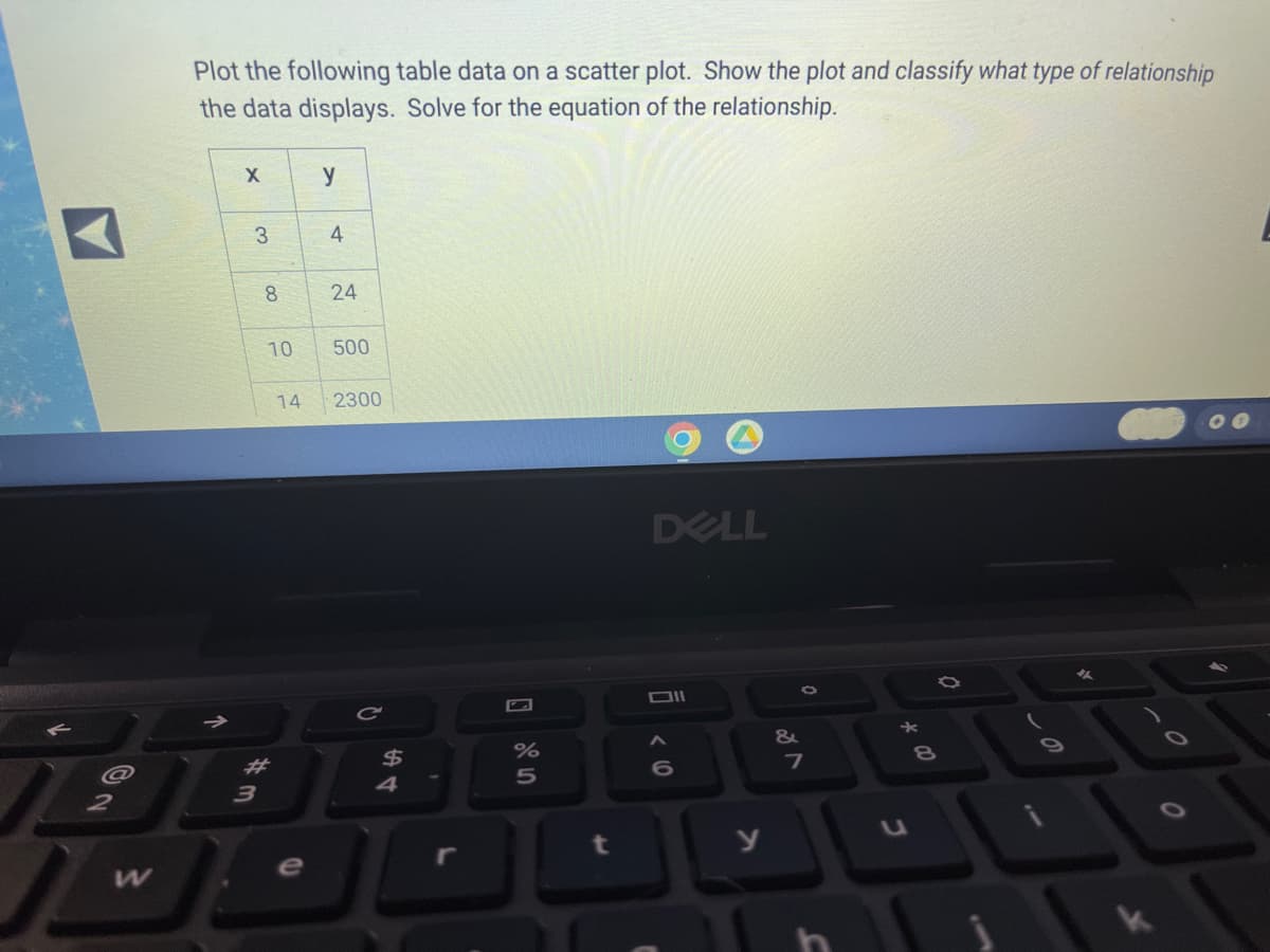 W
Plot the following table data on a scatter plot. Show the plot and classify what type of relationship
the data displays. Solve for the equation of the relationship.
X
y
DELL
O
3
8
3
10
#
14
e
4
24
500
2300
C
$
4
%
5
t
0 g
DII
y
&
0
7
*
C
8
O