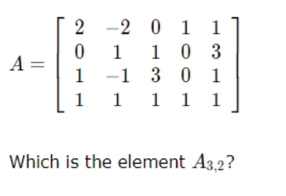 2-201
0 1 1
0
1 103
A =
1
-1 3
0 1
1
1
1
1
1
1 1
Which is the element A3,2?