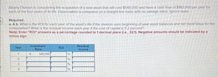 Albany Division is considering the acquisition of a new asset that will cost $540,000 and have a cash flow of $182.000 per year for
each of the four years of its life. Depreciation is computed on a straight-line basis with no salvage value. Ignore taxes.
Required:
a. & b. What is the ROI for each year of the asset's life if the division uses beginning-of-year asset balances and net book value for the
computation? What is the residual income each year if the cost of capital is 9.2 percent?
Note: Enter "ROI" answers as a percentage rounded to 1 decimal place (i.e., 32.1). Negative amounts should be indicated by a
minus sign.
Year
1
2
3
4
Investment
Base
$
540,000
ROI
%
%
%
%
Residual
Income