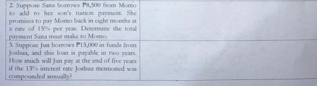 2. Suppose Sana borrows P8,500 from Momo
to add to her son's tuition payment. She
promises to pay Momo back in eight months at
a rate of 15% per year. Determine the total
payment Sana must make to Momo.
3. Suppose Jun borrows P15,000 in funds from
Joshua, and this loan is payable in two years.
How much will Jun pay at the end of five years
if the 13% interest rate Joshua mentioned was
compounded annually?
