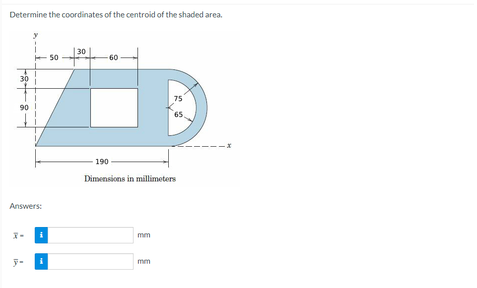 Determine the coordinates of the centroid of the shaded area.
30
90
Answers:
x =
y=
i
i
50
30
190
60
mm
75
Dimensions in millimeters
mm
65.