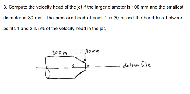 3. Compute the velocity head of the jet if the larger diameter is 100 mm and the smallest
diameter is 30 mm. The pressure head at point 1 is 30 m and the head loss between
points 1 and 2 is 5% of the velocity head in the jet.
30 mm
10 0m
defrm Gine
