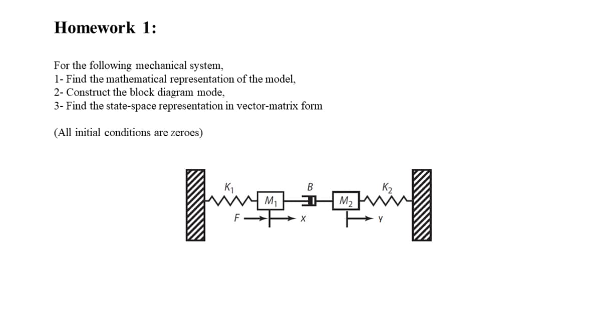 Homework 1:
For the following mechanical system,
1- Find the mathematical representation of the model,
2- Construct the block diagram mode,
3- Find the state-space representation in vector-matrix form
(All initial conditions are zeroes)
pum
M₁
B
3
X
M₂
Y