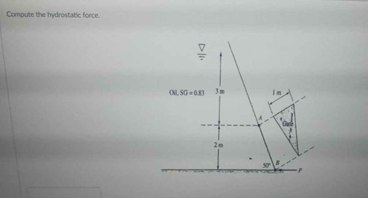 Compute the hydrostatic force.
Oil, SG 0.83
3m
I m
Gate
2m
50
