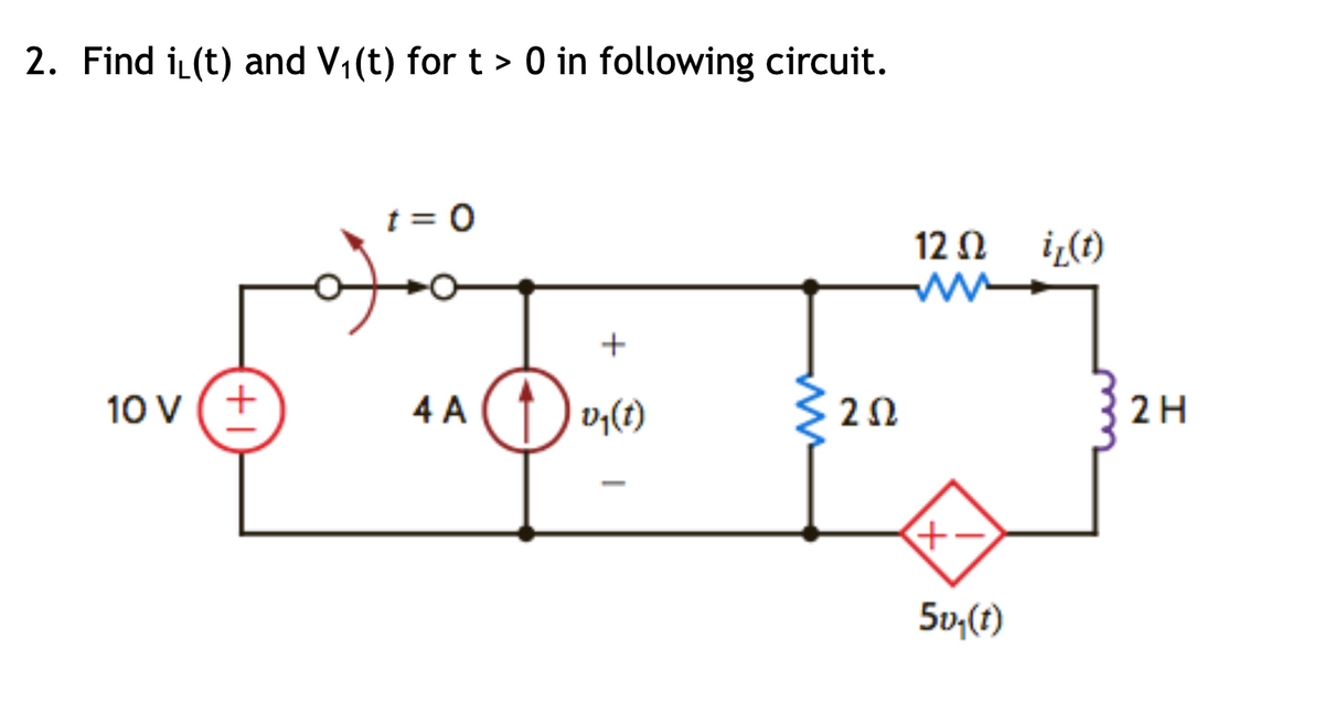 2. Find iL(t) and V1(t) for t > 0 in following circuit.
t = 0
12 N
+
10 v (+
4 A () 1(t)
2H
5v,(1)
