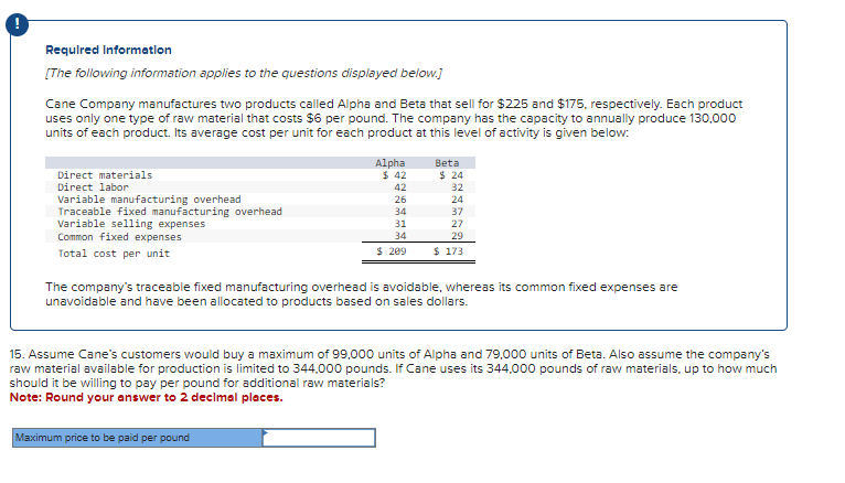 Required Information
[The following information applies to the questions displayed below.]
Cane Company manufactures two products called Alpha and Beta that sell for $225 and $175, respectively. Each product
uses only one type of raw material that costs $6 per pound. The company has the capacity to annually produce 130,000
units of each product. Its average cost per unit for each product at this level of activity is given below:
Direct materials
Direct labor
Variable manufacturing overhead
Traceable fixed manufacturing overhead
Variable selling expenses
Common fixed expenses
Total cost per unit
Alpha
$ 42
42
26
34
31
34
$ 209
Maximum price to be paid per pound
Beta
$ 24
32
24
37
27
29
$ 173
The company's traceable fixed manufacturing overhead is avoidable, whereas its common fixed expenses are
unavoidable and have been allocated to products based on sales dollars.
15. Assume Cane's customers would buy a maximum of 99,000 units of Alpha and 79,000 units of Beta. Also assume the company's
raw material available for production is limited to 344.000 pounds. If Cane uses its 344,000 pounds of raw materials, up to how much
should it be willing to pay per pound for additional raw materials?
Note: Round your answer to 2 decimal places.