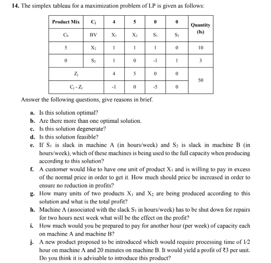 14. The simplex tableau for a maximization problem of LP is given as follows:
Product Mix
Quantity
(bi)
Co
BV
X1
X2
S2
5
X2
1
1
1
10
S2
1
-1
1
3
Zj
4
5
50
C; - Zj
-1
-5
Answer the following questions, give reasons in brief.
a. Is this solution optimal?
b. Are there more than one optimal solution.
c. Is this solution degenerate?
d. Is this solution feasible?
e. If S, is slack in machine A (in hours/week) and S2 is slack in machine B (in
hours/week), which of these machines is being used to the full capacity when producing
according to this solution?
f. A customer would like to have one unit of product X¡ and is willing to pay in excess
of the normal price in order to get it. How much should price be increased in order to
ensure no reduction in profits?
g. How many units of two products X1 and X2 are being produced according to this
solution and what is the total profit?
h. Machine A (associated with the slack Sj in hours/week) has to be shut down for repairs
for two hours next week what will be the effect on the profit?
i. How much would you be prepared to pay for another hour (per week) of capacity each
on machine A and machine B?
j. A new product proposed to be introduced which would require processing time of /2
hour on machine A and 20 minutes on machine B. It would yield a profit of 33 per unit.
Do you think it is advisable to introduce this product?
4.
