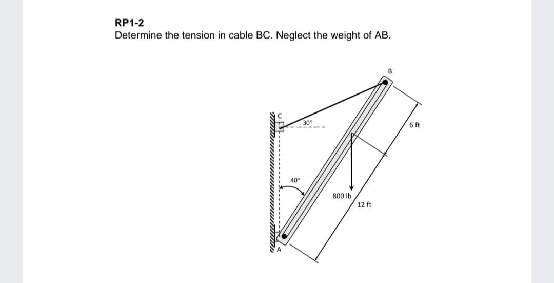 RP1-2
Determine the tension in cable BC. Neglect the weight of AB.
B
30
6 ft
40
800 Ib
12 ft
