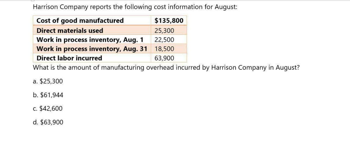 Harrison Company reports the following cost information for August:
Cost of good manufactured
Direct materials used
$135,800
25,300
Work in process inventory, Aug. 1
22,500
18,500
63,900
Work in process inventory, Aug. 31
Direct labor incurred
What is the amount of manufacturing overhead incurred by Harrison Company in August?
a. $25,300
b. $61,944
c. $42,600
d. $63,900