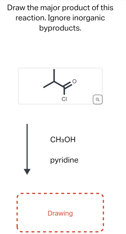 Draw the major product of this
reaction. Ignore inorganic
byproducts.
CI
CH3OH
pyridine
Drawing
Q