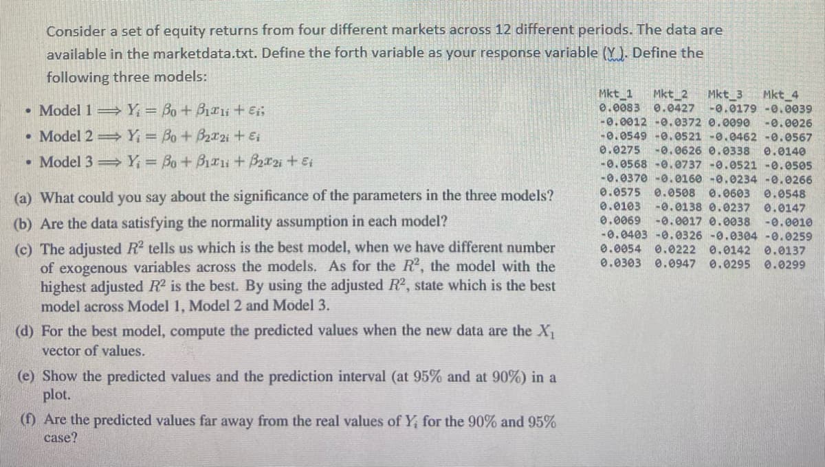 Consider a set of equity returns from four different markets across 12 different periods. The data are
available in the marketdata.txt. Define the forth variable as your response variable (Y). Define the
following three models:
Mkt_1
0.0083
-0.0012 -0.0372 0.0090
-0.0549 -0.0521 -0.0462 -0.0567
Mkt 2
0.0427
Mkt_3 Mkt4
-0.0179 -0.0039
• Model 1 Y; = Bo + B1Ili + Ei;
-0.0026
• Model 2 Y; = Bo + B2r21 + €,
e.0275
-0.0626 0.0338
0.0140
-0.0568 -0.0737 -0.0521 -0.0505
-0.0370 -0.0160 -0.0234 -0.0266
• Model 3 Y; = Bo + B1ru + B2r2i + Ei
(a) What could you say about the significance of the parameters in the three models?
0.0575
0.0508 0. 0603 0.0548
0.0103
-0.0138 0.0237
-0.0017 0. 0038
-0.0403 -0.0326 -0.0304 -0.0259
0.0147
-0.0010
0.0069
(b) Are the data satisfying the normality assumption in each model?
(c) The adjusted R tells us which is the best model, when we have different number
of exogenous variables across the models. As for the R, the model with the
highest adjusted R2 is the best. By using the adjusted R2, state which is the best
model across Model 1, Model 2 and Model 3.
0.0054 0.0222
0.0303 0.0947
0.0142
0.0137
0.0295 0.0299
(d) For the best model, compute the predicted values when the new data are the X1
vector of values.
(e) Show the predicted values and the prediction interval (at 95% and at 90%) in a
plot.
(f) Are the predicted values far away from the real values of Y, for the 90% and 95%
case?
