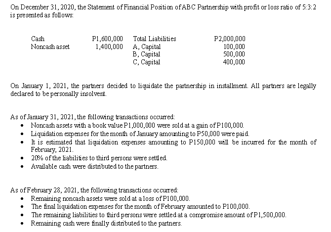 On December 31, 2020, the Statement of Financial Position of ABC Partnership with profit or loss ratio of 5:3:2
is presented as follows:
Total Liabilities
1,400,000 A, Capital
В, Саpital
C, Capital
Cash
P1,600,000
P2,000,000
100,000
500,000
400,000
Noncash asset
On January 1, 2021, the partners decided to liquidate the partnership in installment. All partners are legally
declared to be personally insolvent.
As of January 31, 2021, the following transactions occured:
Noncash assets with a book value P1,000,000 were sold at a gain of P100,000.
• Liquidation expenses for the month of January amounting to P50,000 were paid.
It is estimated that liquidation expenses amounting to P150,000 will be incured for the month of
February, 2021.
20% of the liabilities to third persons were settled.
Available cash were distributed to the partners.
As of February 28, 2021, the following transactions occured:
Remaining noncash assets were sold at aloss of P100,000.
The final liquidation expenses for the month of February amounted to P100,000.
The remaining liabilities to third persons were settled at a compromise amount of P1,500,000.
Remaining cash were finally distributed to the partners.
