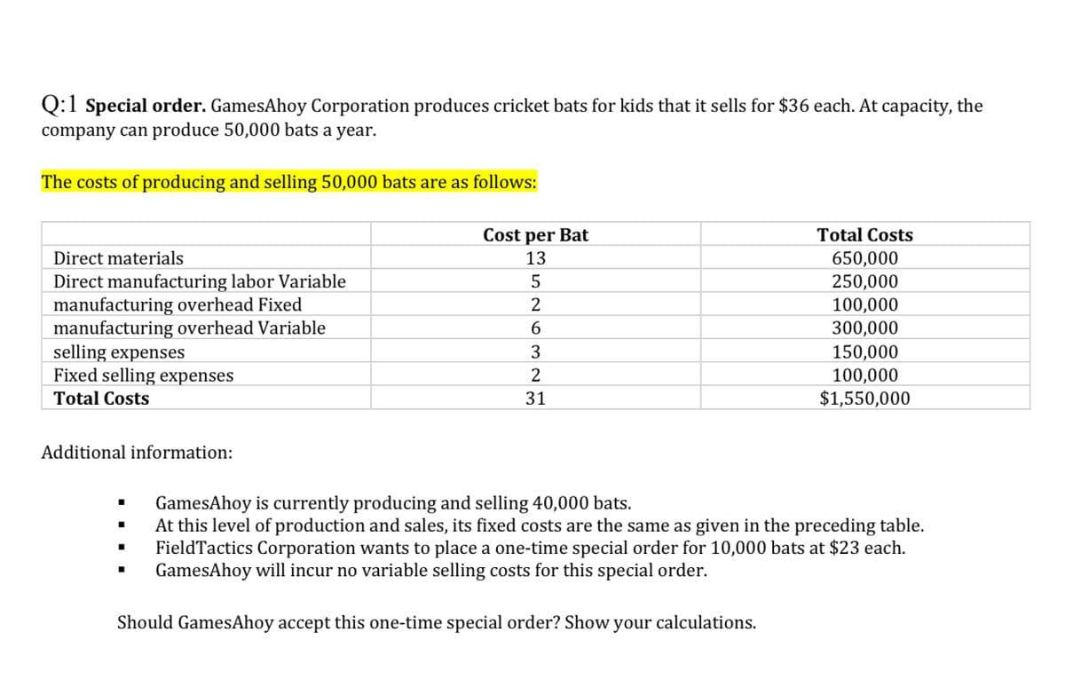 Q:1 Special order. GamesAhoy Corporation produces cricket bats for kids that it sells for $36 each. At capacity, the
company can produce 50,000 bats a year.
The costs of producing and selling 50,000 bats are as follows:
Cost per Bat
Total Costs
Direct materials
13
650,000
Direct manufacturing labor Variable
manufacturing overhead Fixed
manufacturing overhead Variable
selling expenses
Fixed selling expenses
250,000
100,000
300,000
150,000
100,000
Total Costs
31
$1,550,000
Additional information:
GamesAhoy is currently producing and selling 40,000 bats.
At this level of production and sales, its fixed costs are the same as given in the preceding table.
FieldTactics Corporation wants to place a one-time special order for 10,000 bats at $23 each.
GamesAhoy will incur no variable selling costs for this special order.
Should GamesAhoy accept this one-time special order? Show your calculations.
을 526320
