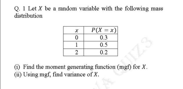 Q. 1 Let X be a random variable with the following mass
distribution
P(X = x)
%3D
0.3
1
0.5
0.2
IZ3
(i) Find the moment generating function (mgf) for X.
(ii) Using mgf, find variance of X.
