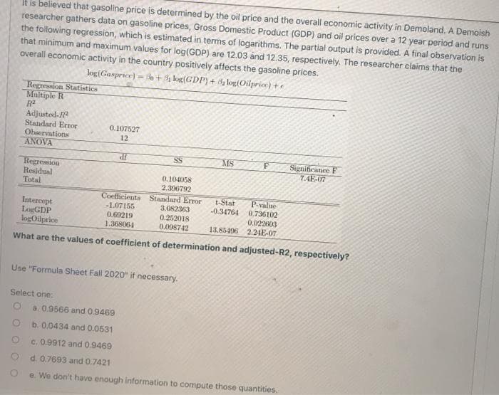 It is believed that gasoline price is determined by the oil price and the overall economic activity in Demoland. A Demoish
researcher gathers data on gasoline prices, Gross Domestic Product (GDP) and oil prices over a 12 year period and runs
the following regression, which is estimated in terms of logarithms. The partial output is provided. A final observation is
that minimum and maximum values for log(GDP) are 12.03 and 12.35, respectively. The researcher claims that the
overall economic activity in the country positively affects the gasoline prices.
log(Gasprice)=30+31 log(GDP) + 82 log(Oilprice) +
Regression Statistics
Multiple R
R²
Adjusted-R²
Standard Error
Observations
ANOVA
Regression
Residual
Total
0.107527
12
df
Select one:
SS
0.104058
2.396792
Coefficients Standard Error
-1.07155
0.69219
1.368064
Intercept
LogGDP
logOilprice
What are the values of coefficient of determination and adjusted-R2, respectively?
3.082363
0.252018
0.098742
Use "Formula Sheet Fall 2020" if necessary.
MS
F
P-value
t-Stat
-0.34764 0.736102
0.022603
13.85496 2.24E-07
Significance F
7.4E-07
a. 0.9566 and 0.9469
b. 0.0434 and 0.0531
c. 0.9912 and 0.9469
d. 0.7693 and 0.7421
e. We don't have enough information to compute those quantities.