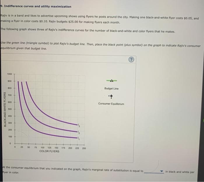 9. Indifference curves and utility maximization
Rajiv is in a band and likes to advertise upcoming shows using flyers he posts around the city. Making one black-and-white flyer costs $0.05, and
making a flyer in color costs $0.10. Rajiv budgets $25.00 for making flyers each month.
The following graph shows three of Rajiv's indifference curves for the number of black-and-white and color flyers that he makes.
Use the green line (triangle symbol) to plot Rajiv's budget line. Then, place the black point (plus symbol) on the graph to indicate Rajiv's consumer
equilibrium given that budget line.
BLACK-AND-WHITE FLYERS
1000
900
800
700
600
500
400
300
200
100
0
0
25
50
75 100 125 150 175 200 225 250
COLOR FLYERS
Budget Line
Consumer Equilibrium
?
At the consumer equilibrium that you indicated on the graph, Rajiv's marginal rate of substitution is equal to
flyer in color.
in black and white per