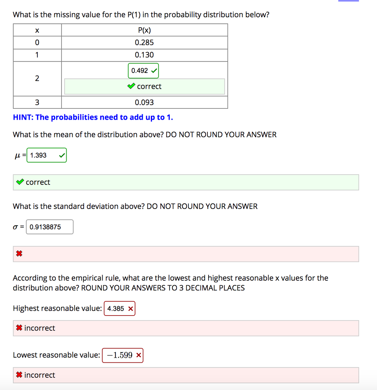 What is the missing value for the P(1) in the probability distribution below?
P(x)
0.285
1
0.130
0.492 v
2
correct
3
0.093
HINT: The probabilities need to add up to 1.
What is the mean of the distribution above? DO NOT ROUND YOUR ANSWER
u = 1.393
correct
What is the standard deviation above? DO NOT ROUND YOUR ANSWER
O = 0.9138875
According to the empirical rule, what are the lowest and highest reasonable x values for the
distribution above? ROUND YOUR ANSWERS TO 3 DECIMAL PLACES
Highest reasonable value: 4.385 x
* incorrect
Lowest reasonable value: -1.599 x
* incorrect
