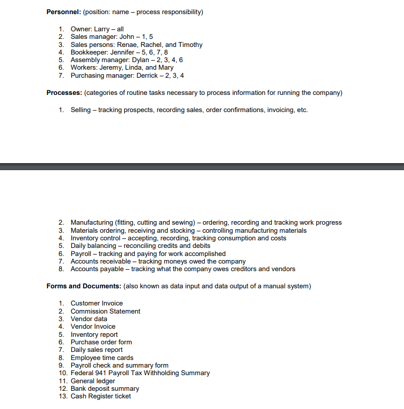 Personnel: (position: name – process responsibility)
1. Owner: Larry – all
2. Sales manager: John – 1, 5
3. Sales persons: Renae, Rachel, and Timothy
4. Bookkeeper: Jennifer – 5, 6, 7, 8
5. Assembly manager: Dylan – 2, 3, 4, 6
6. Workers: Jeremy, Linda, and Mary
7. Purchasing manager: Derrick – 2, 3, 4
Processes: (categories of routine tasks necessary to process information for running the company)
1. Selling – tracking prospects, recording sales, order confirmations, invoicing, etc.
2. Manufacturing (fitting, cutting and sewing) – ordering, recording and tracking work progress
3. Materials ordering, receiving and stocking – controlling manufacturing materials
4. Inventory control – accepting, recording, tracking consumption and costs
5. Daily balancing – reconciling credits and debits
6. Payroll – tracking and paying for work accomplished
7. Accounts receivable – tracking moneys owed the company
8. Accounts payable – tracking what the company owes creditors and vendors
Forms and Documents: (also known as data input and data output of a manual system)
1. Customer Invoice
2. Commission Statement
3. Vendor data
4. Vendor Invoice
5. Inventory report
6. Purchase order form
7. Daily sales report
8. Employee time cards
9. Payroll check and summary form
10. Federal 941 Payroll Tax Withholding Summary
11. General ledger
12. Bank deposit summary
13. Cash Register ticket
