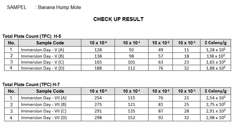 SAMPEL
: Banana Hump Mole
CHECK UP RESULT
Total Plate Count (TPC) H-5
E Colony/g
Sample Code
Immersion Day - V (A)
Immersion Day - V (B)
Immersion Day - V (C)
Immersion Day - V (D)
No.
10 x 10-0
10 x 10-1
10 x 10-2
10 x 103
1.
128
92
49
11
1,28 x 102
2
138
98
57
18
138 x 102
3
165
101
63
23
1,65 x 102
4.
188
112
76
32
1,88 x 102
Total Plate Count (TPC) H-7
Sample Code
Immersion Day - VII (A)
No.
10 x 10-0
10 x 10-1
10 x 10-2
10 x 103
I Colony/g
1.
254
115
76
21
2,54 x 102
2
Immersion Day - VII (B)
275
121
81
25
2,75 x 102
Immersion Day - VII (C)
Immersion Day - VII (D)
3
291
135
87
28
2,91 x 102
4.
298
152
92
32
2,98 x 102
