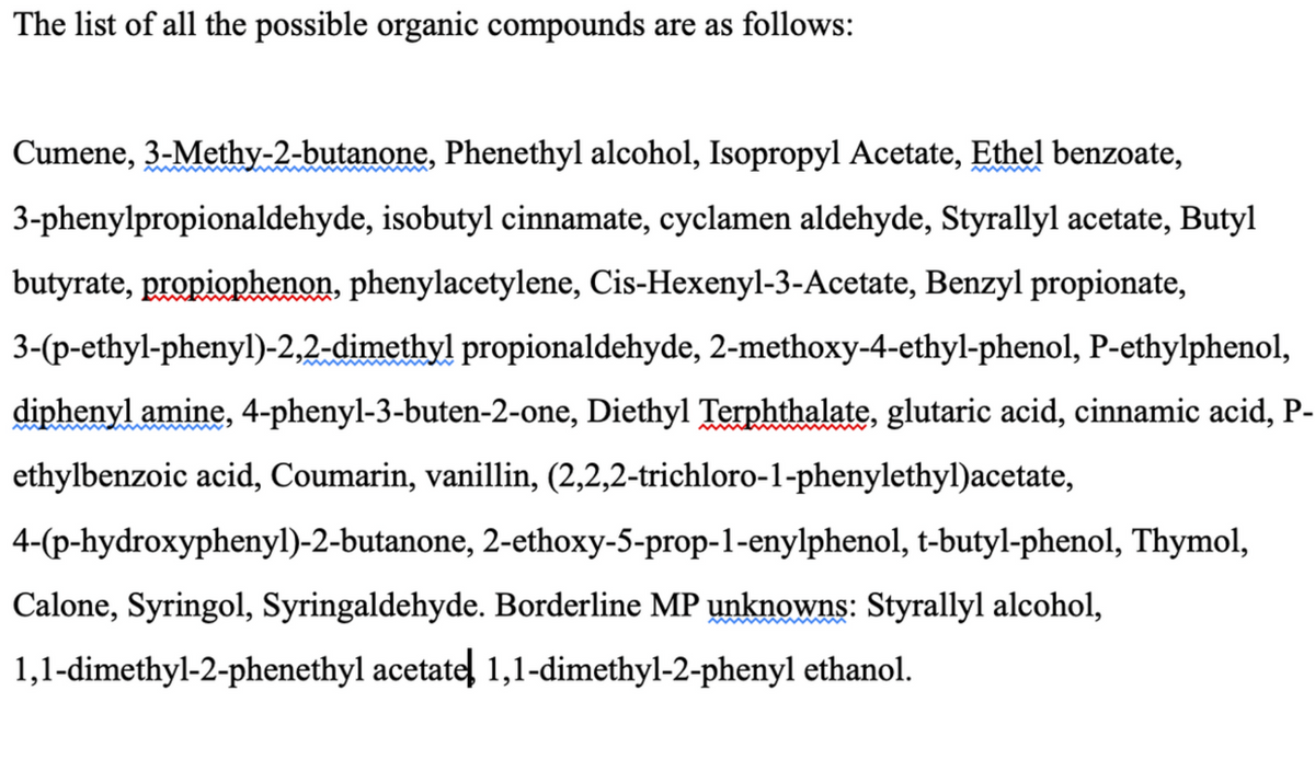 The list of all the possible organic compounds are as follows:
Cumene, 3-Methy-2-butanone, Phenethyl alcohol, Isopropyl Acetate, Ethel benzoate,
3-phenylpropionaldehyde, isobutyl cinnamate, cyclamen aldehyde, Styrallyl acetate, Butyl
butyrate, propiophenon, phenylacetylene, Cis-Hexenyl-3-Acetate, Benzyl propionate,
3-(p-ethyl-phenyl)-2,2-dimethyl propionaldehyde, 2-methoxy-4-ethyl-phenol, P-ethylphenol,
diphenyl amine, 4-phenyl-3-buten-2-one, Diethyl Terphthalate, glutaric acid, cinnamic acid, P-
ethylbenzoic acid, Coumarin, vanillin, (2,2,2-trichloro-1-phenylethyl)acetate,
4-(p-hydroxyphenyl)-2-butanone, 2-ethoxy-5-prop-1-enylphenol, t-butyl-phenol, Thymol,
Calone, Syringol, Syringaldehyde. Borderline MP unknowns: Styrallyl alcohol,
1,1-dimethyl-2-phenethyl acetate 1,1-dimethyl-2-phenyl ethanol.