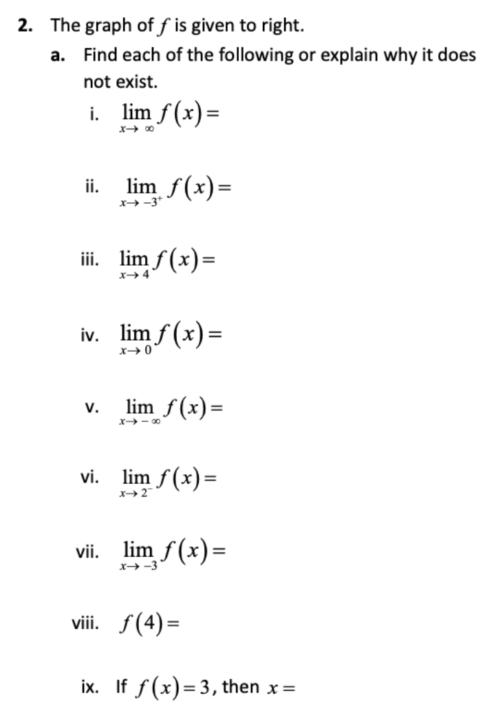 2. The graph of f is given to right.
a.
Find each of the following or explain why it does
not exist.
i. _lim f(x)=
X→ ∞0
ii.
lim_ f(x)=
x→ −3+
iii. limƒ(x)=
x→ 4
iv. lim f(x) =
x → 0
V.
lim_ f(x)=
X-18
vi. lim f(x)=
x→ 2
vii. lim f(x)=
x→-3
viii. f(4)=
ix. If f(x)=3, then x =