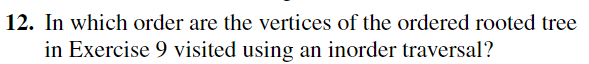 12. In which order are the vertices of the ordered rooted tree
in Exercise 9 visited using an inorder traversal?