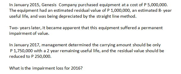 In January 2015, Genesis Company purchased equipment at a cost of P 5,000,000.
The equipment had an estimated residual value of P 1,000,000, an estimated 8- year
useful life, and was being depreciated by the straight line method.
Two- years later, it became apparent that this equipment suffered a permanent
impairment of value.
In January 2017, management determined the carrying amount should be only
P 1,750,000 with a 2 year remaining useful life, and the residual value should be
reduced to P 250,000.
What is the impairment loss for 2016?
