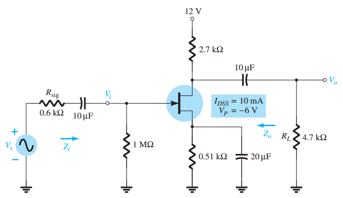 12 V
2.7 k2
10 μF
o Vo
Rsig
Ipss = 10 mA
Vp = -6 V
%3D
0.6 k2
10μΕ
Zo RL2 4.7 kN
1 ΜΩ
0.51 k2
20 μF
