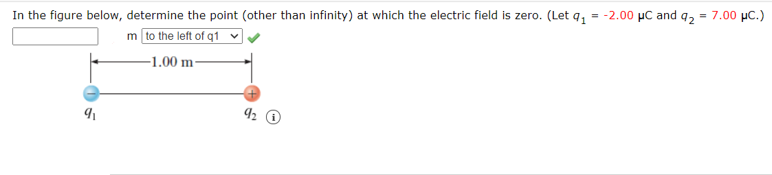 In the figure below, determine the point (other than infinity) at which the electric field is zero. (Let q, = -2.00 µC and q, = 7.00 µC.)
m to the left of q1
-1.00 m
92 0
