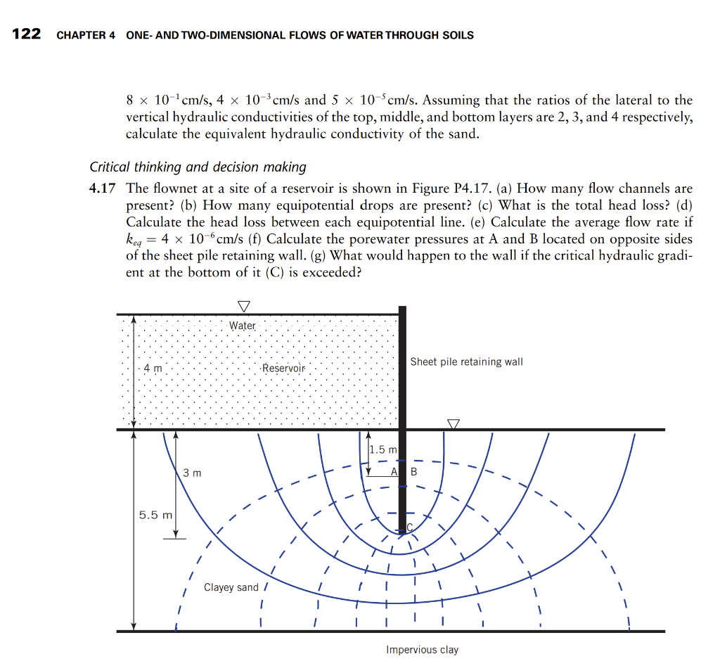 122
CHAPTER 4 ONE- AND TWO-DIMENSIONAL FLOWS OF WATER THROUGH SOILS
8 x 10-'cm/s, 4 x 10-3cm/s and 5 x 10-cm/s. Assuming that the ratios of the lateral to the
vertical hydraulic conductivities of the top, middle, and bottom layers are 2, 3, and 4 respectively,
calculate the equivalent hydraulic conductivity of the sand.
Critical thinking and decision making
4.17 The flownet at a site of a reservoir is shown in Figure P4.17. (a) How many flow channels are
present? (b) How many equipotential drops are present? (c) What is the total head loss? (d)
Calculate the head loss between each equipotential line. (e) Calculate the average flow rate if
keg = 4 x 10-cm/s (f) Calculate the porewater pressures at A and B located on opposite sides
of the sheet pile retaining wall. (g) What would happen to the wall if the critical hydraulic gradi-
ent at the bottom of it (C) is exceeded?
Water
Sheet pile retaining wall
4 m
Reservoir
1.5 m
3 m
5.5 m
Clayey sand /
Impervious clay
