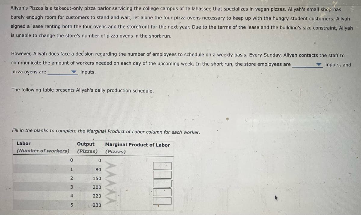 Aliyah's Pizzas is a takeout-only pizza parlor servicing the college campus of Tallahassee that specializes in vegan pizzas. Aliyah's small shop has
barely enough room for customers to stand and wait, let alone the four pizza ovens necessary to keep up with the hungry student customers. Aliyah
signed a lease renting both the four ovens and the storefront for the next year. Due to the terms of the lease and the building's size constraint, Aliyah
is unable to change the store's number of pizza ovens in the short run.
However, Aliyah does face a decision regarding the number of employees to schedule on a weekly basis. Every Sunday, Aliyah contacts the staff to
communicate the amount of workers needed on each day of the upcoming week. In the short run, the store employees are
pizza ovens are
inputs.
inputs, and
The following table presents Aliyah's daily production schedule.
Fill in the blanks to complete the Marginal Product of Labor column for each worker.
Labor
Output
Marginal Product of Labor
(Number of workers)
(Pizzas)
(Pizzas)
0
0
1
80
2
150
3
200
4
220
AAAAA
5
230