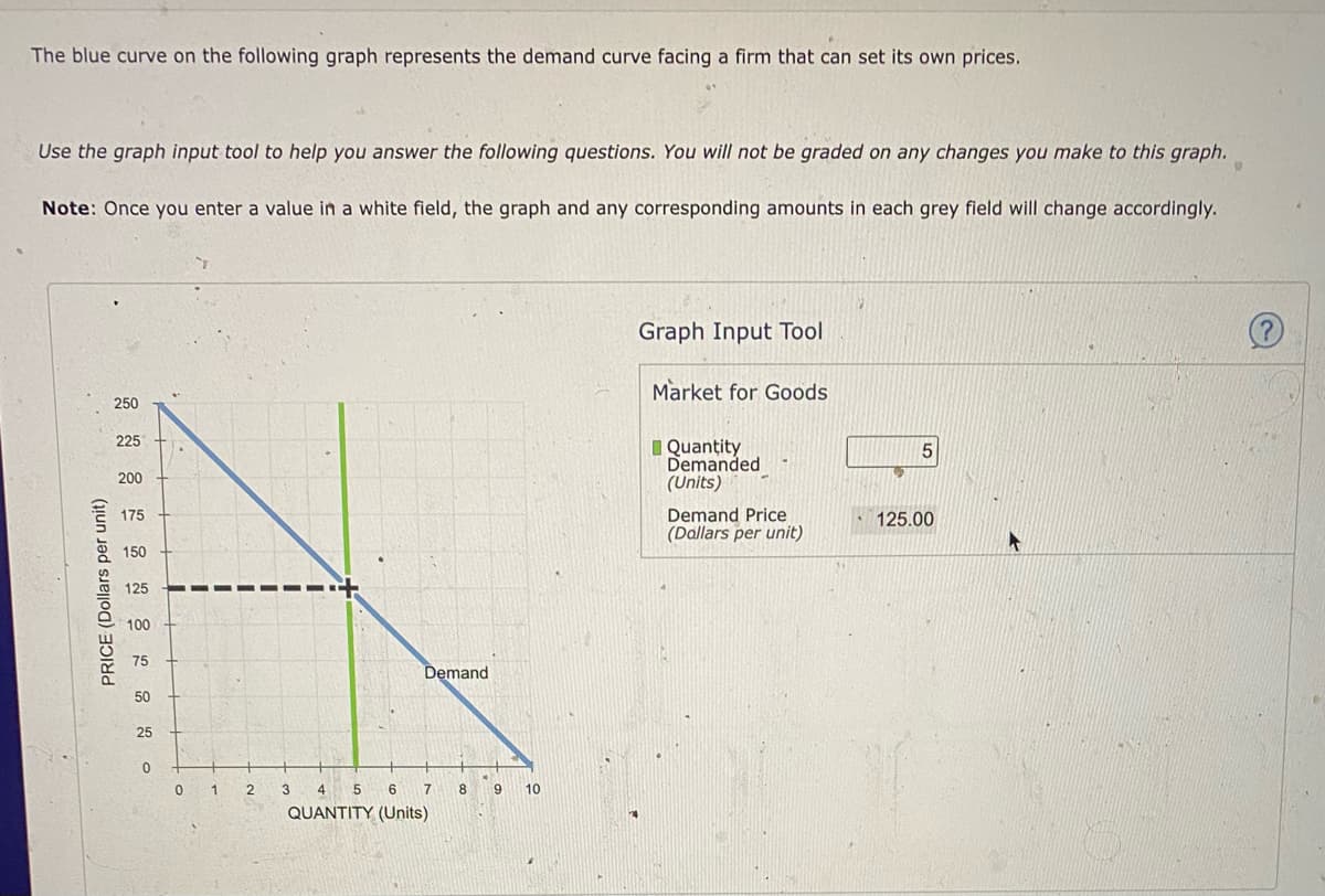 The blue curve on the following graph represents the demand curve facing a firm that can set its own prices.
Use the graph input tool to help you answer the following questions. You will not be graded on any changes you make to this graph.
Note: Once you enter a value in a white field, the graph and any corresponding amounts in each grey field will change accordingly.
PRICE (Dollars per unit)
250
225
200
175
150
125
100
75
50
Demand
25
0
0
1
2
3
4 5 6 7
8
9 10
QUANTITY (Units)
Graph Input Tool
Market for Goods
Quantity
Demanded
(Units)
5
Demand Price
(Dallars per unit)
125.00
?