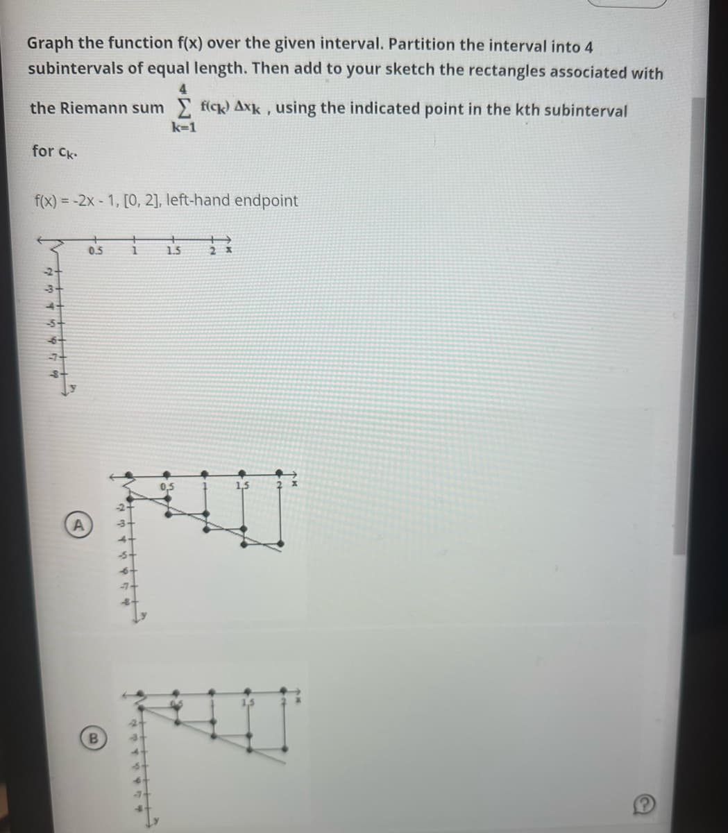 Graph the function f(x) over the given interval. Partition the interval into 4
subintervals of equal length. Then add to your sketch the rectangles associated with
the Riemann sum fick) Axk, using the indicated point in the kth subinterval
for Ck.
f(x) = -2x-1, [0, 2], left-hand endpoint
-2.
-3
-5-
--6-
0.5
k=1
1
1.5