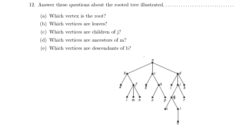 12. Answer these questions about the rooted tree illustrated..
(a) Which vertex is the root?
(b) Which vertices are leaves?
(c) Which vertices are children of j?
(d) Which vertices are ancestors of m?
(e) Which vertices are descendants of b?
●G
19
"G
te