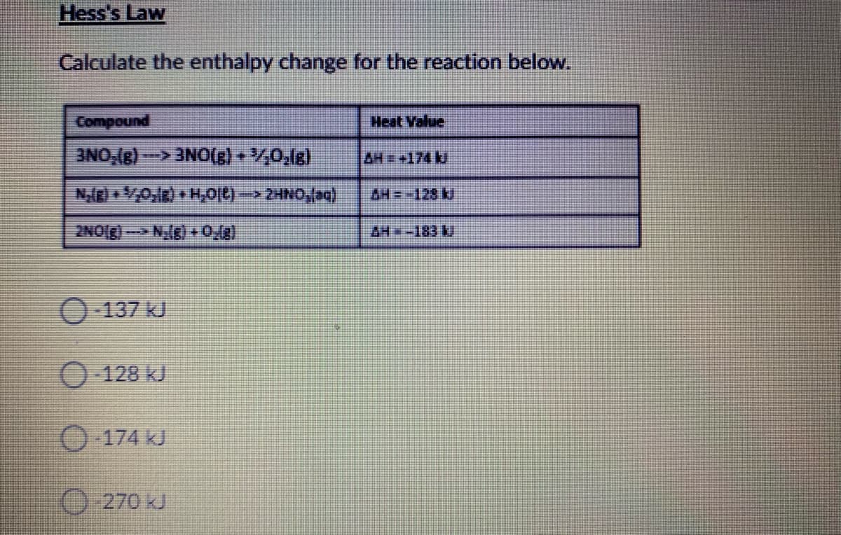 Hess's Law
Calculate the enthalpy change for the reaction below.
Compound
Heat Value
3NO,(e)
-->3NO(g) /0,lg)
AH = +174 k
2HNOaq)
AH=-128 k)
2NOIE)
AH -183 k
O-137 kJ
O-128 kJ
O-174 kJ
O-270 kJ
