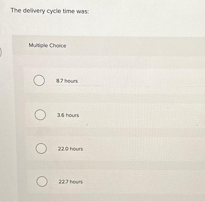 The delivery cycle time was:
Multiple Choice
O
O
O
8.7 hours
3.6 hours
22.0 hours
22.7 hours