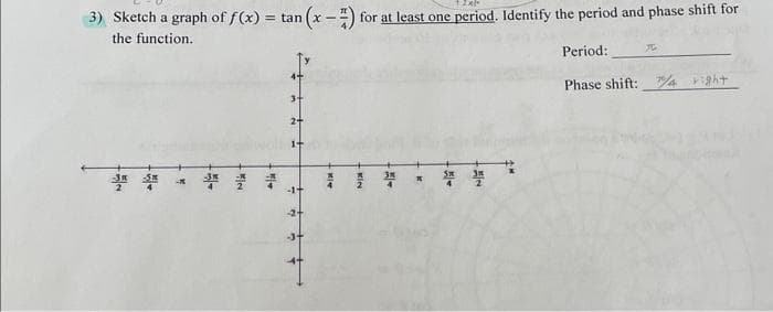 3) Sketch a graph of f(x) = tan (x-2) for at least one period. Identify the period and phase shift for
the function.
-*
KIN
K
-1+
-2+
KIM
KIN
K
-Mat
Not
Period:
X
Phase shift: 74 right