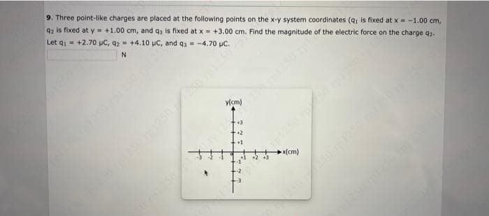 9. Three point-like charges are placed at the following points on the x-y system coordinates (q; is fixed at x = -1.00 cm,
92 is fixed at y +1.00 cm, and qs is fixed at x = +3.00 cm. Find the magnitude of the electric force on the charge 92.
Let q₁ +2.70 µC, 92= +4.10 µC, and q = -4.70 µC.
N
+1
x(cm)