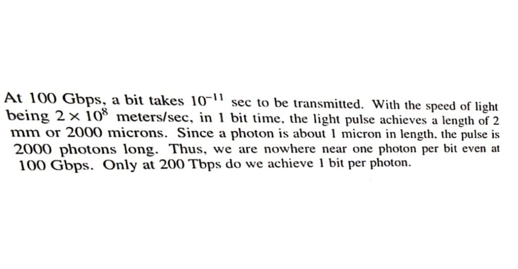 At 100 Gbps, a bit takes 10-¹1 sec to be transmitted. With the speed of light
being 2 x 108 meters/sec, in 1 bit time, the light pulse achieves a length of 2
mm or 2000 microns. Since a photon is about 1 micron in length, the pulse is
2000 photons long. Thus, we are nowhere near one photon per bit even at
100 Gbps. Only at 200 Tbps do we achieve 1 bit per photon.