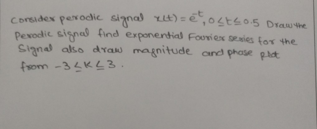 corsidex perodlic signal ut) = e,0stso.5 Drawthe
Perodic signal find exponential Fourier seies for the
Signal also draw magnitude and phose Rect
from -34KL3.
