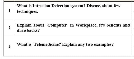 What is Intrusion Detection system? Discuss about few
techniques.
1
Explain about Computer in Workplace, it's benefits and
2
drawbacks?
What is Telemedicine? Explain any two examples?
3
