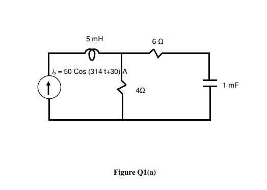 5 mH
60
is = 50 Cos (314 t+30) A
1 mF
Figure Q1(a)
