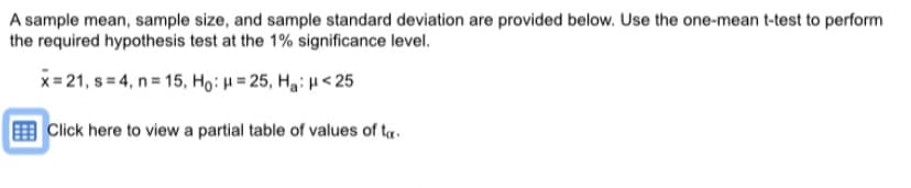 A sample mean, sample size, and sample standard deviation are provided below. Use the one-mean t-test to perform
the required hypothesis test at the 1% significance level.
x=21, s=4, n=15, Ho: H=25, H₂: <25
Click here to view a partial table of values of to